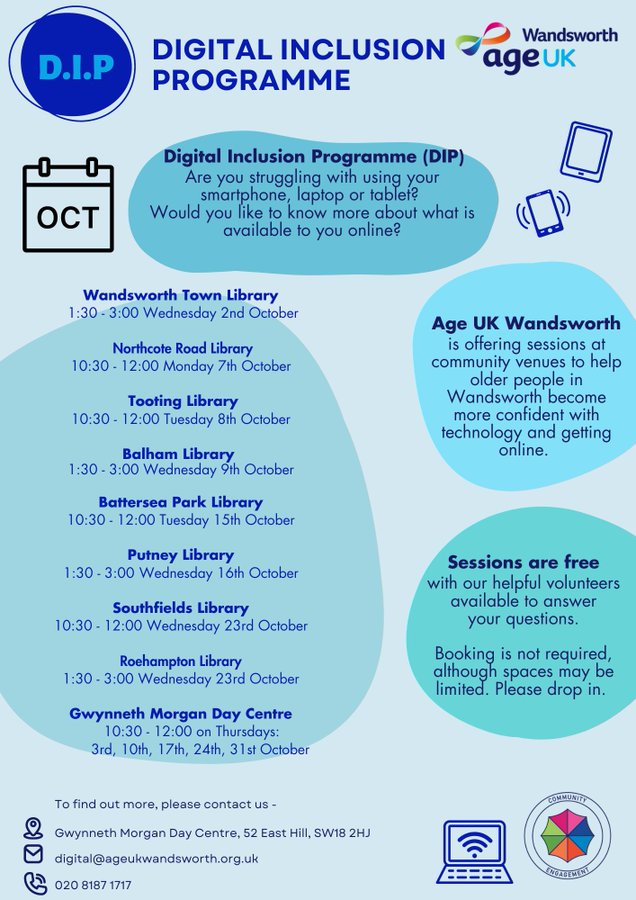 Older people who need help with digital services or computers can visit Southfields Library, 10.30am-12pm, or Roehampton Library,1.30-3pm
Learn to connect with family, access services online, &amp; more, with DigiPals volunteers from AgeUK Wandsworth ageuk.org.uk/wandsworth/our…
#Digipals