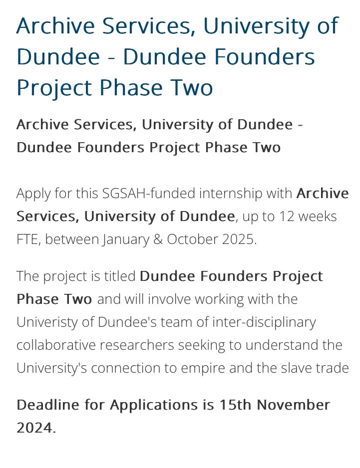 Susan Mains (@susanpmains) on Twitter photo Great research opportunity! SGSAH-funded internship, up to 12 weeks FTE. Work with <a href="/dundeeuni/">University of Dundee</a> team of inter-disciplinary collaborative researchers seeking to understand the University's connection to empire & the slave trade. Due: 15 Nov, 2024. <a href="/Geog_UoD/">Geography & Environment | University of Dundee</a> sgsah.ac.uk/e_t/i_ar/2025/… Great research opportunity! SGSAH-funded internship, up to 12 weeks FTE. Work with <a href="/dundeeuni/">University of Dundee</a> team of inter-disciplinary collaborative researchers seeking to understand the University's connection to empire & the slave trade. Due: 15 Nov, 2024. <a href="/Geog_UoD/">Geography & Environment | University of Dundee</a> sgsah.ac.uk/e_t/i_ar/2025/…
