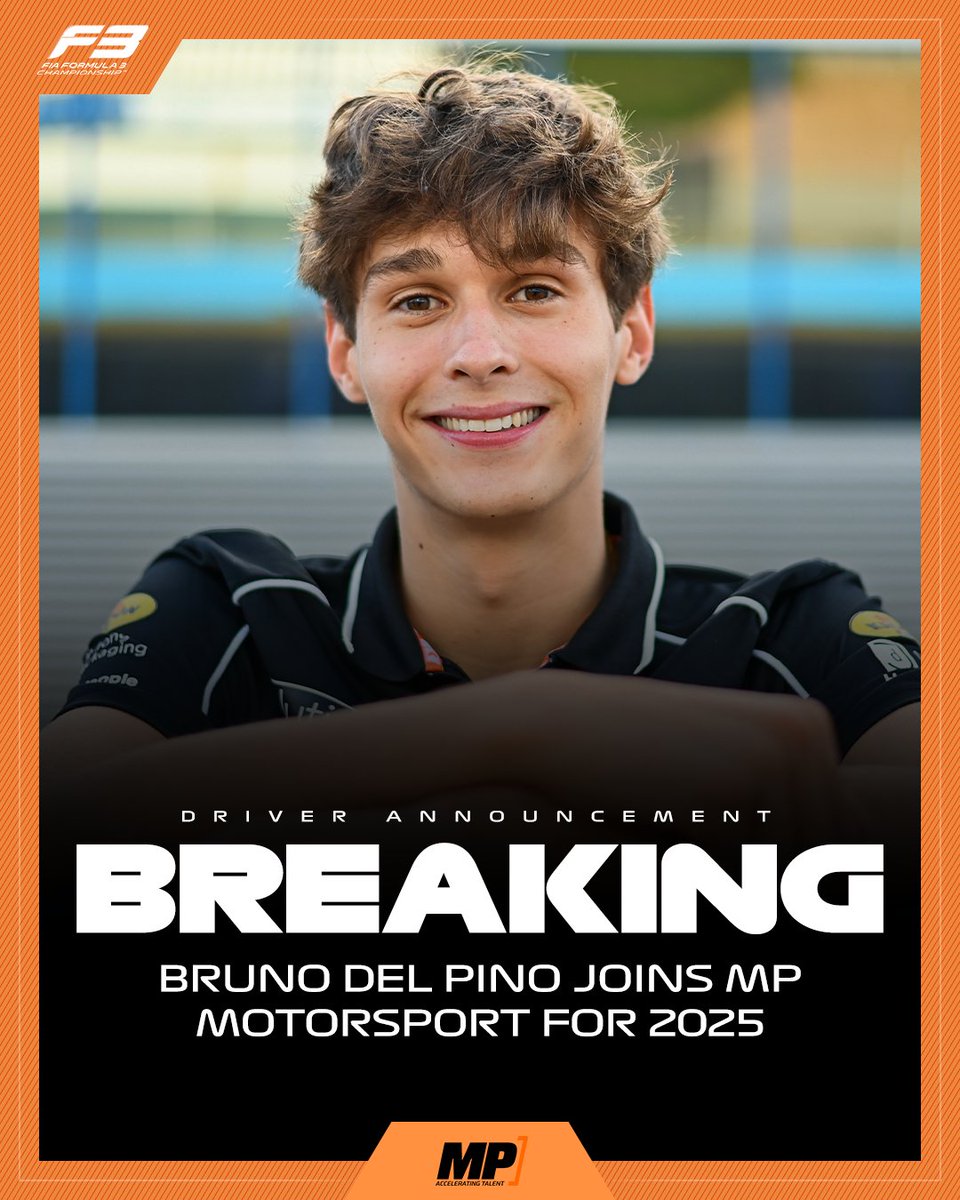 Formula3's tweet photo. BREAKING: Bruno Del Pino joins the grid for 2025!

The Spanish driver will race for @OfficialMPteam in his rookie #F3 season 👊

#RoadToF1 https://t.co/HVN3H8PSx4