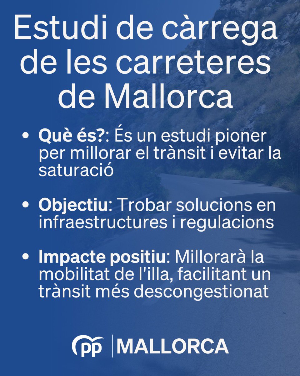 PPdeMallorca's tweet photo. 📣El president, @Ll_Galmes presenta avui el primer estudi de càrrega de la xarxa viària de Mallorca

🤷🏽‍♂️Què és un estudi de càrrega? Quin és l'objectiu? https://t.co/2OBplAI0pm