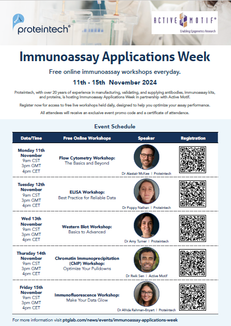 Proteintech's tweet image. Register for Immunoassay Week 2024 with @activemotif 

FREE online workshops everyday between Nov 11-15.

Find out more:  ptglab.com/news/events/im…

#FlowCytometry #ELISA #WesternBlot #ChromatinImmunoprecipitation #Immunofluorescence