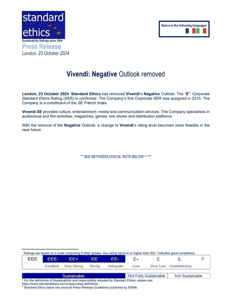 Standard Ethics (@standardethics) on Twitter photo Standard Ethics has removed <a href="/vivendi/">Vivendi</a> 's Negative Outlook and confirmed the Company's "E" #rating for the present time. Read more below. <a href="/AFP/">AFP News Agency</a> <a href="/boursedirect/">Bourse Direct</a> <a href="/Marketscreener1/">MarketScreener</a> <a href="/20Minutes/">20 Minutes</a> <a href="/teleborsa/">Teleborsa</a> #ESG #compliance #standards Standard Ethics has removed <a href="/vivendi/">Vivendi</a> 's Negative Outlook and confirmed the Company's "E" #rating for the present time. Read more below. <a href="/AFP/">AFP News Agency</a> <a href="/boursedirect/">Bourse Direct</a> <a href="/Marketscreener1/">MarketScreener</a> <a href="/20Minutes/">20 Minutes</a> <a href="/teleborsa/">Teleborsa</a> #ESG #compliance #standards