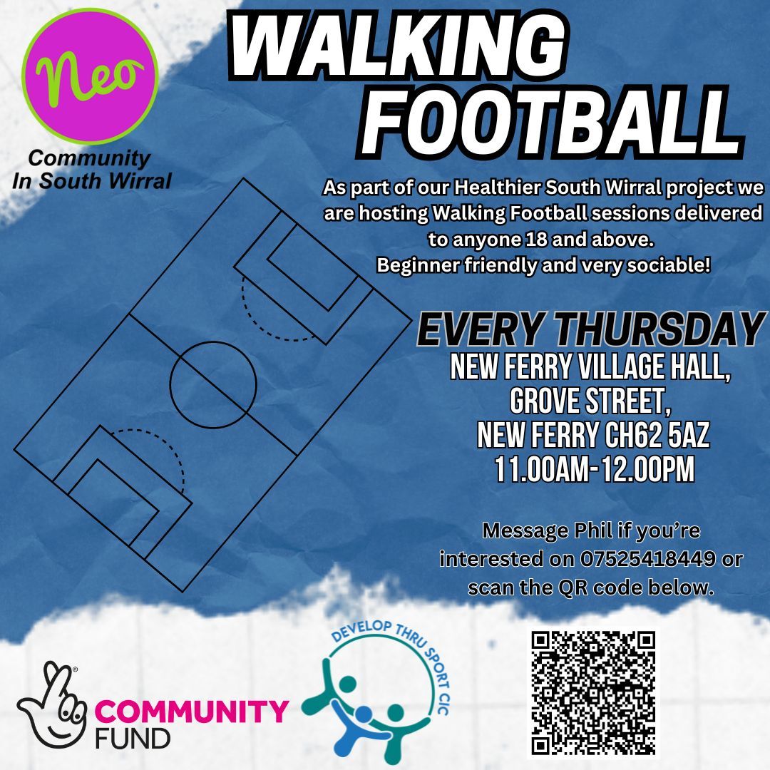 🚶⚽️ Free Walking Football! ⚽️🚶

Join us at New Ferry Village Hall from 11am-12pm for a game that's all about fun and fitness. Open to all skill levels!

📍 Every Thursday at New Ferry Village Hall, 11am-12pm

Don’t miss out—come play with us! #WalkingFootball