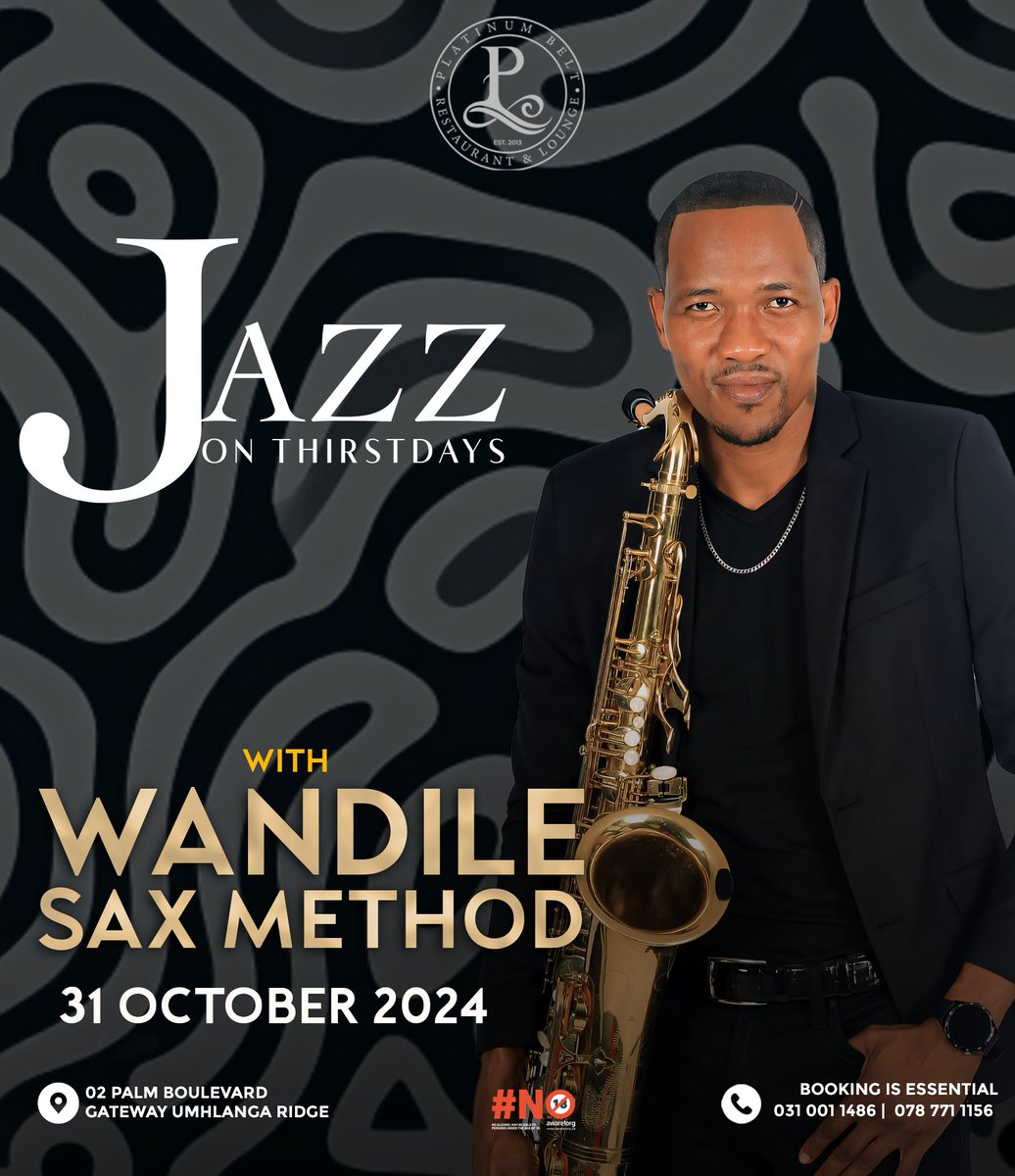 Get ready for an unforgettable night of smooth saxophone and jazz rhythms with WandileSax! Enjoy the perfect blend of live music, great food, and a fantastic atmosphere from 7pm till 11pm. Don't miss out on this soulful experience!

#JazzOnThursday #WandileSaxMethod #LiveMusic