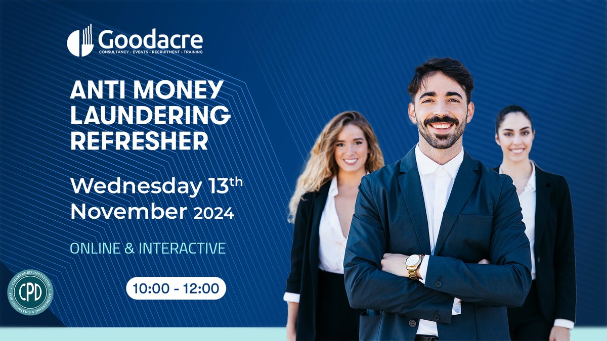 Register now: #AntiMoneyLaundering Refresher on Wednesday 13th November, 10:00-12:00. AML, sanctions, risk assessment &amp; more. Perfect for client services, AML, compliance, &amp; audit teams. goodacreuk.com/training/forth…

#AML #AntiMoneyLaundering #Training #BookNow