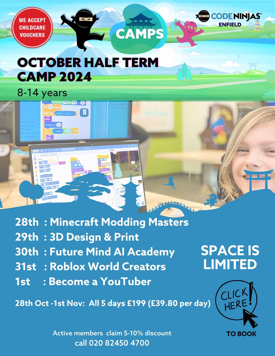 Not sure what to do with the kids this October Half Term School Holidays.
Why not send them to learn new tech skills while having fun?

There are engaging activities across next week at Code Ninjas.

Book today using link below:
codeninjas.co.uk/enfield-london…

#codingforkids...