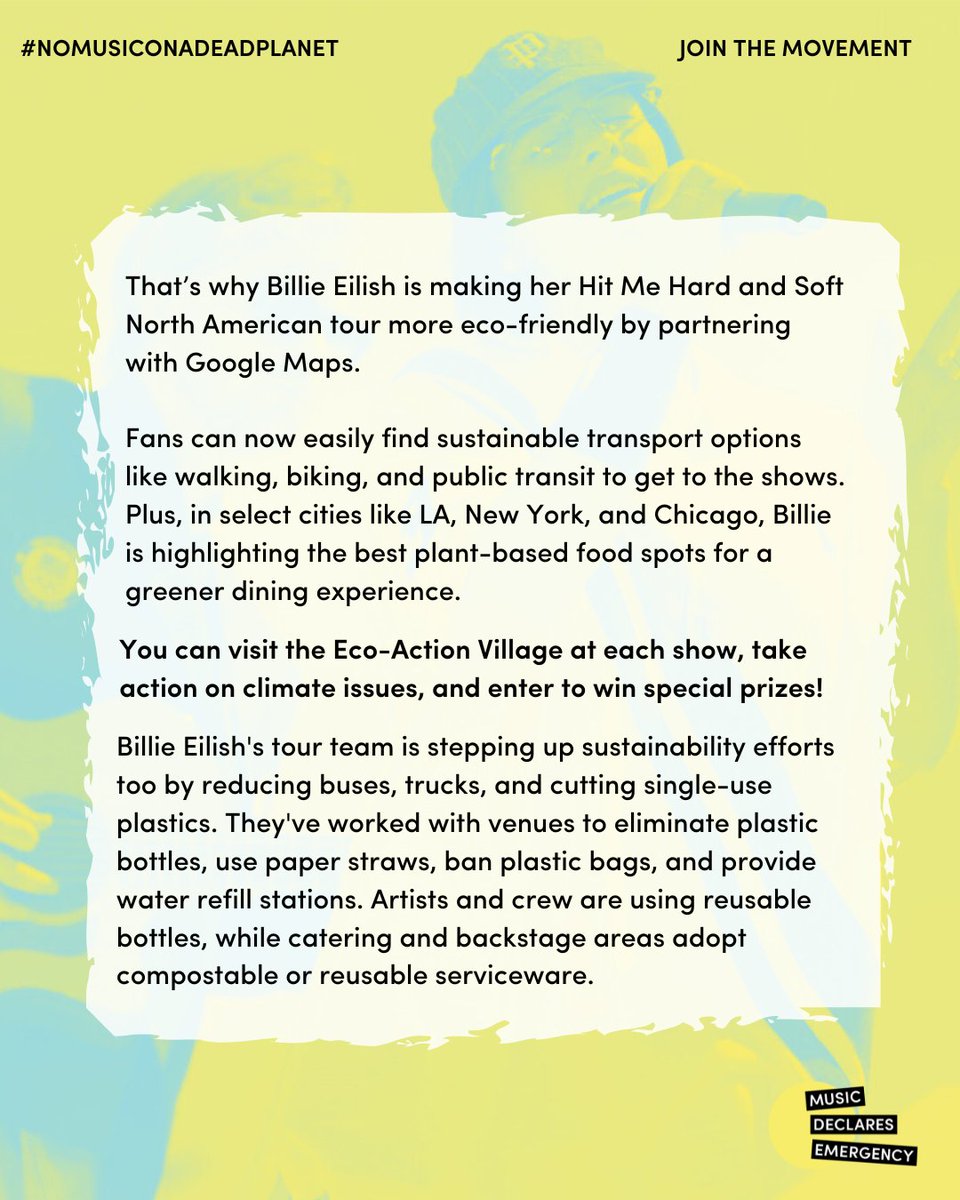 musicdeclares's tweet photo. @billieeilish has teamed up with Google Maps for her Hit Me Hard and Soft tour to help fans find sustainable transport and plant-based food options! 🌍 ⁠
⁠
#NOMUSICONADEADPLANET #SustainableTour #EcoFriendly #BillieEilish #ClimateAction #SupportAndFeed https://t.co/CBsCBhFjIv