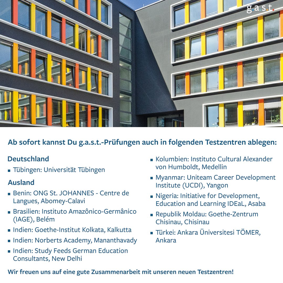 TestDaFInstitut's tweet photo. Damit Du die g.a.s.t.-Prüfungen in Deiner Nähe ablegen kannst, erweitern wir kontinuierlich unser Testzentrennetz. 😊

Alle Testzentren, in denen Du g.a.s.t.-Prüfungen ablegen kannst, findest Du hier: https://t.co/VzJ14KFDMQ

#TestDaF #TestAS #onSET #dMAT #Deutsch #Studium https://t.co/g3YkLNNLva