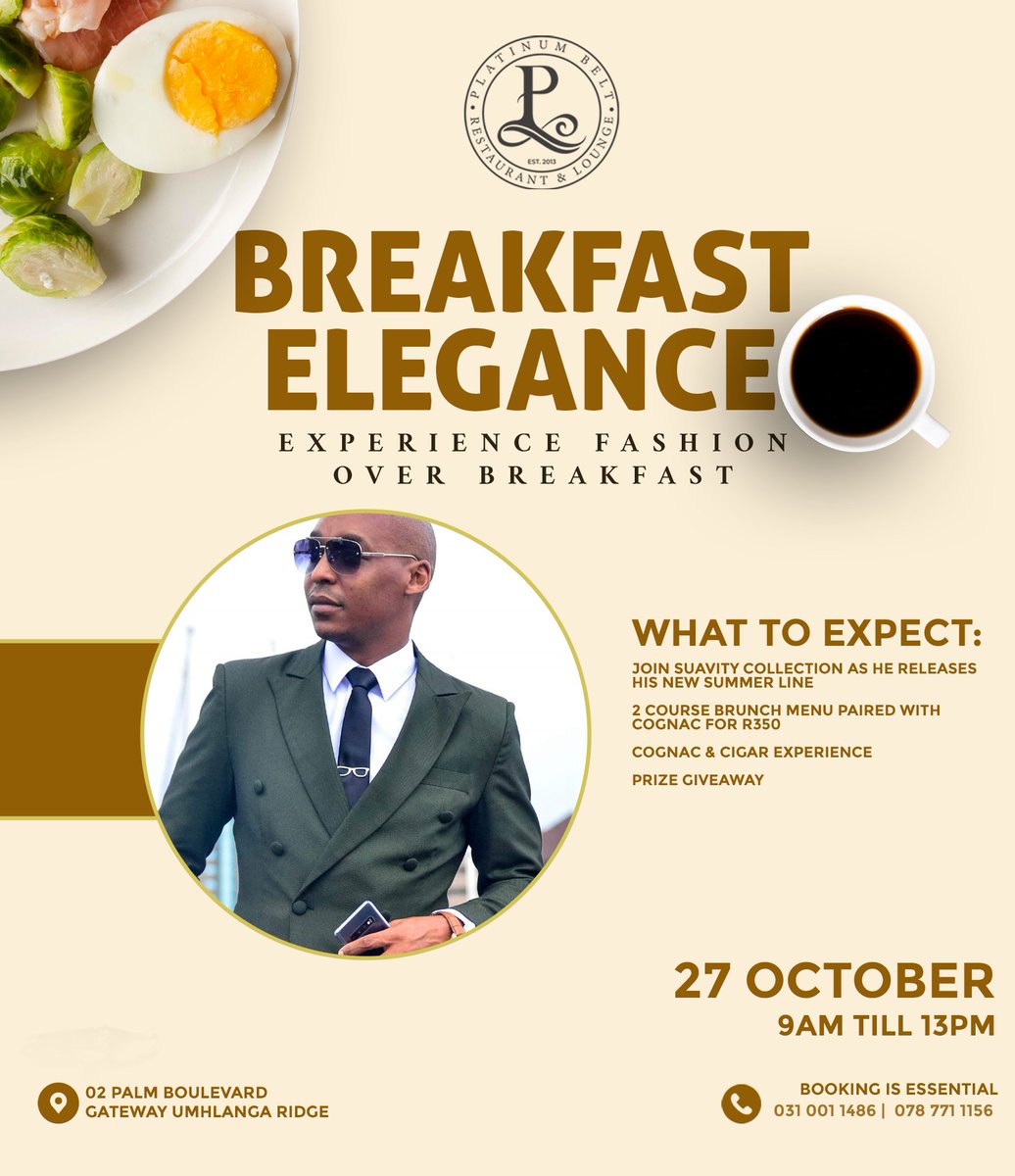 Join us on 27 October for an exclusive morning of culinary delights &amp; fashion flair, presented by @suavity_sa. Indulge in style! Limited seating, R350 per person. Book your spot now!

#BreakfastElegance #FashionOverBreakfast #SuavityCollection #GourmetDining  #LuxuryBrunch