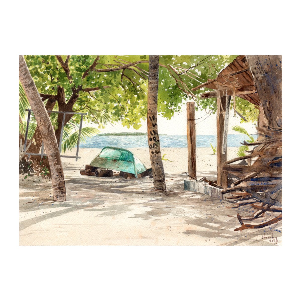 UPSIDE DOWN, 2024
This piece is one of my favorites—I lov the warm tones. I snapped the photo quickly, but while sketching, noticed the name on the coconut palms, making it more meaningful.