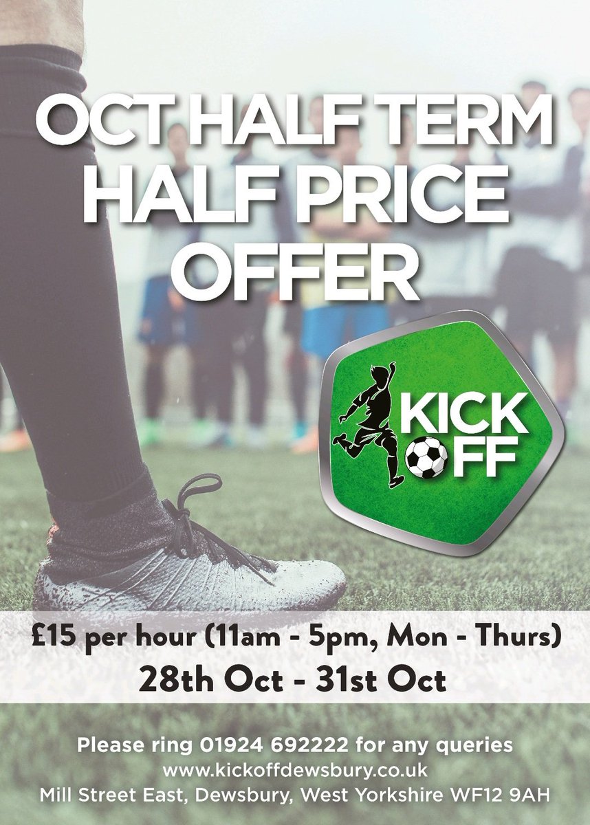 Have you booked your half term footy yet?

All weekday off peak pitches are only £15 per hour 

11am-5pm Mon-Thurs during the half term break (next week)

01924 692222 to check availability and to book