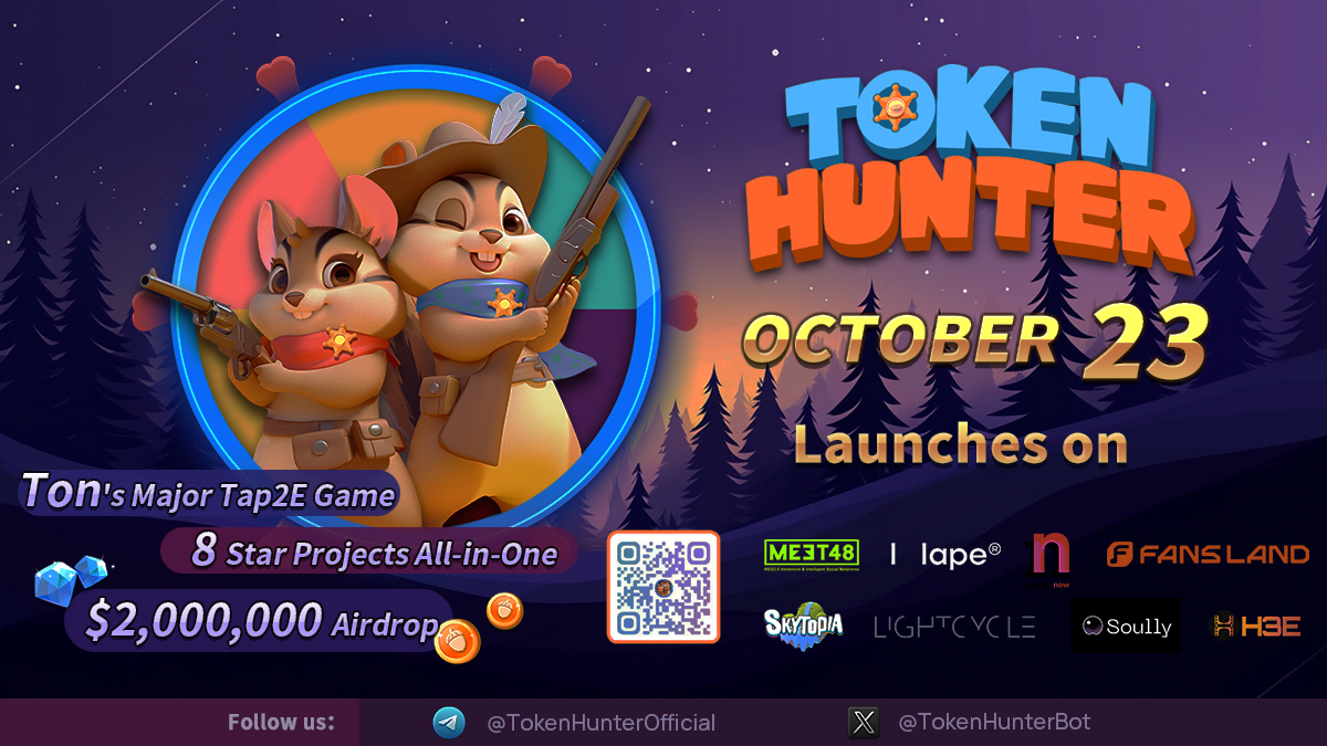 TokenHunterBot's tweet image. 🚀 TokenHunter is officially LIVE! 🚀

The large scale Tap2Earn game on #TON is here, with $2,000,000 in airdrop rewards up for grabs! 🪙

🌟 Spin the wheel, complete challenges, and win exclusive rewards from 8 top-tier projects, including @MEET_48 @HAPEsocial @TraditioNow…