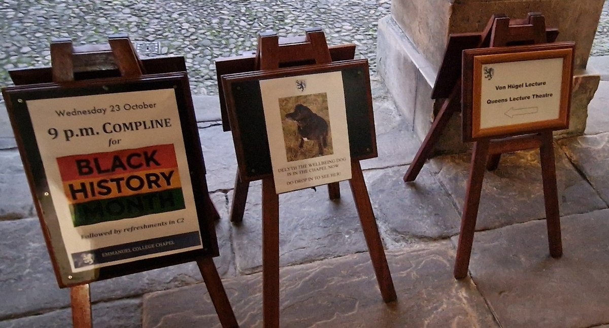 Difficult choices at <a href="/EmmaCambridge/">Emmanuel College, Cambridge</a> yesterday: 
the Von Hügel lecture <a href="/MAACambridge/">Museum of Archaeology and Anthropology</a>,
Compline for #BlackHistoryMonth,
or a visit to Delyth the Wellbeing Dog?
