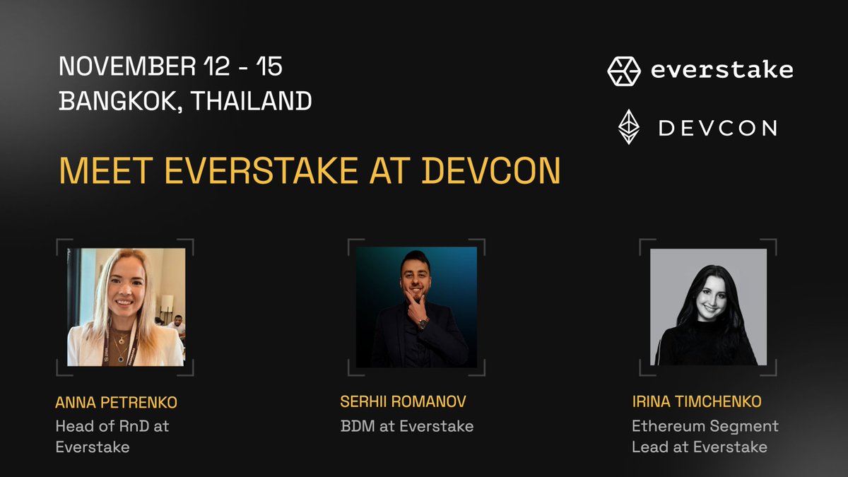 Everstake (@everstake_pool) on Twitter photo 🇹🇭 Our team representing Everstake at <a href="/EFDevcon/">Devconnect ARG</a> in Bangkok on November 12-15 is extensive and consists of our best Ethereum experts!
DM us if you want to meet with our Head of R&D <a href="/anna_petrenkoo/">Anna Petrenko</a>, BDM Serhii Romanov, and Ethereum Segment Lead <a href="/eth_everstake/">everstake.eth (💙,💛)</a>! 🇹🇭 Our team representing Everstake at <a href="/EFDevcon/">Devconnect ARG</a> in Bangkok on November 12-15 is extensive and consists of our best Ethereum experts!
DM us if you want to meet with our Head of R&D <a href="/anna_petrenkoo/">Anna Petrenko</a>, BDM Serhii Romanov, and Ethereum Segment Lead <a href="/eth_everstake/">everstake.eth (💙,💛)</a>!