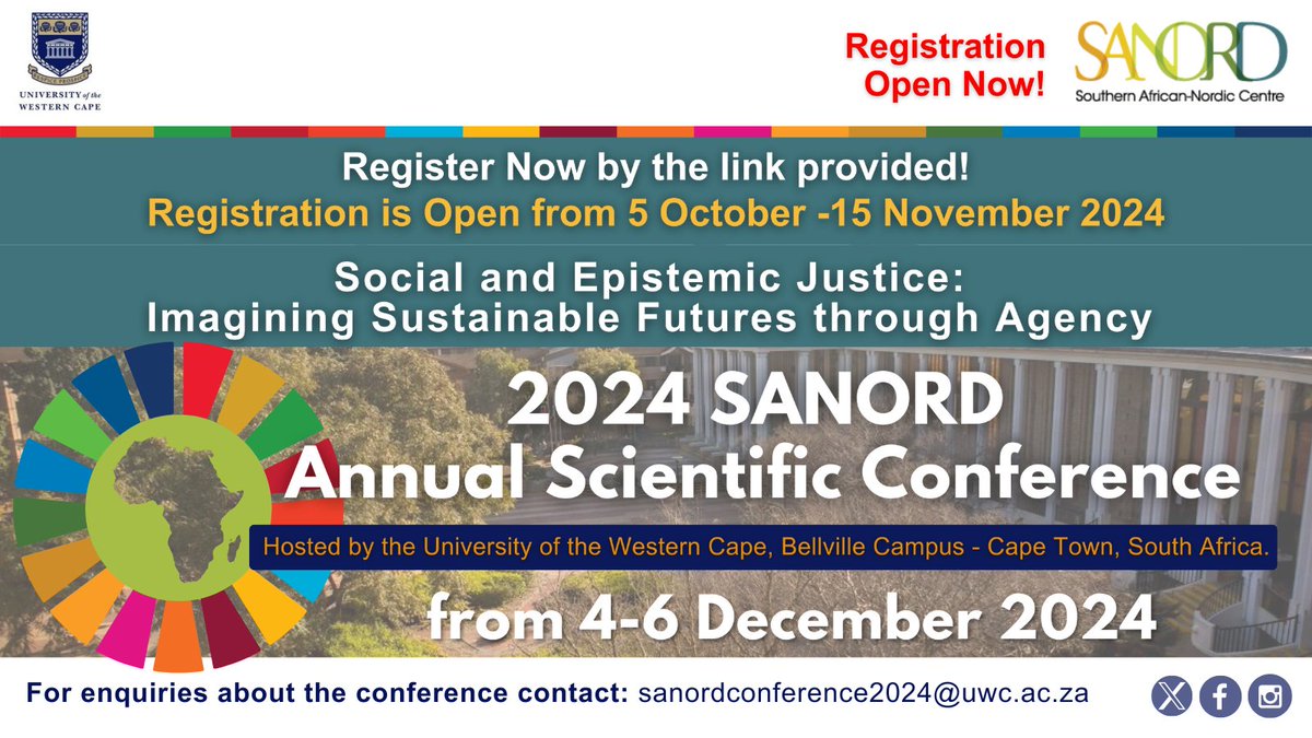 [EVENT] Registration is now open for the 2024 SANORD Annual Scientific Conference, hosted by UWC. Join us from 4-6 December as we explore Social and Epistemic Justice: Imagining Sustainable Futures through Agency. Register before 15 November 2024: bit.ly/SANORD-2024-Re…
#IAmUWC