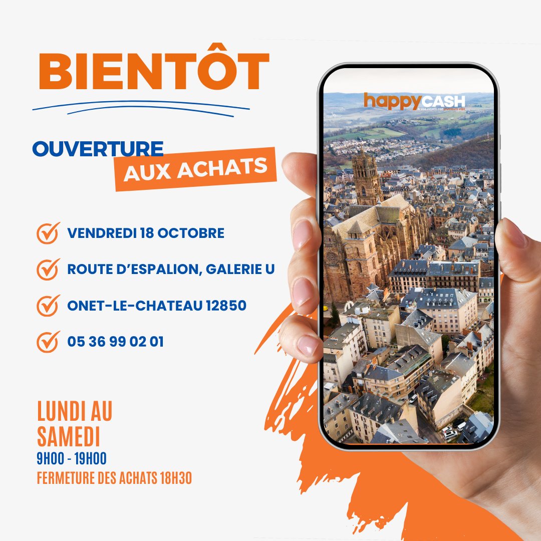 HappyCashGroupe's tweet photo. 📢 Nouveau magasin Happy Cash à Rodez ! 📢

Notre magasin a ouvert ses portes dans la galerie Super U ! Venez vendre vos produits d'occasion :

📱 High-tech, électroménager ... et plus encore !

📍 Route de l'Espalion
🕒 Lundi-Samedi 9h-19h

#Rodez #Occasion #HappyCash https://t.co/IkWh9vd9sk