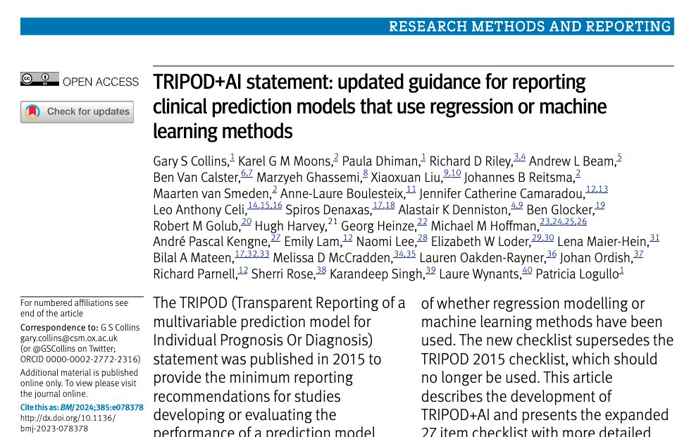 Periodic reminder: If you need help on what information to report when writing up your #MachineLearning prediction model, then TRIPOD+AI recommendations are here to fill that gap.

--&gt; bmj.com/content/385/bm…