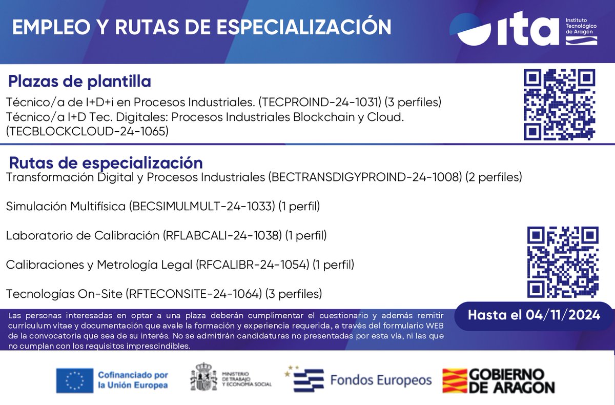 #empleoITA #empleo 

Nueva oferta de plazas de plantilla en <a href="/ITA_tecnologia/">Instituto Tecnológico de Aragón</a> 

+ Rutas de especialización

Toda la información:
▶️ ita.es/ita/unete/