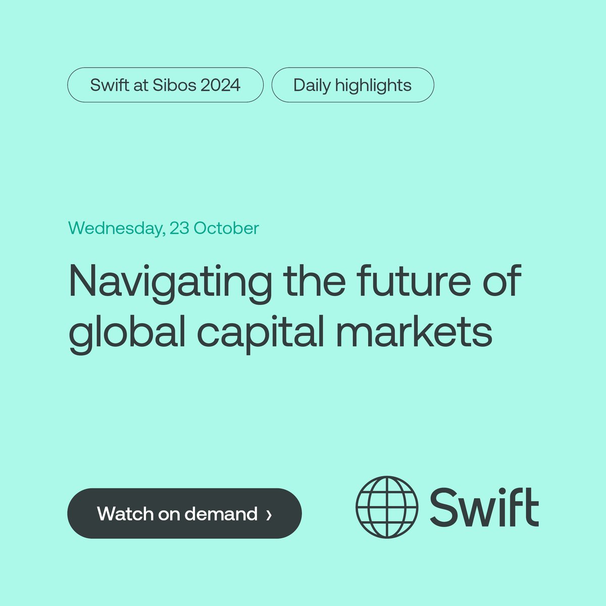 swiftcommunity's tweet image. 📣 Dive into ‘Navigating the future of global capital markets’ now available on demand.

Explore the future of global capital markets, focusing on geopolitical risks, demographic changes, and de-globalisation.

📽️ sibos.com/conference/onl…

#swiftatsibos #sibos #sibos2024