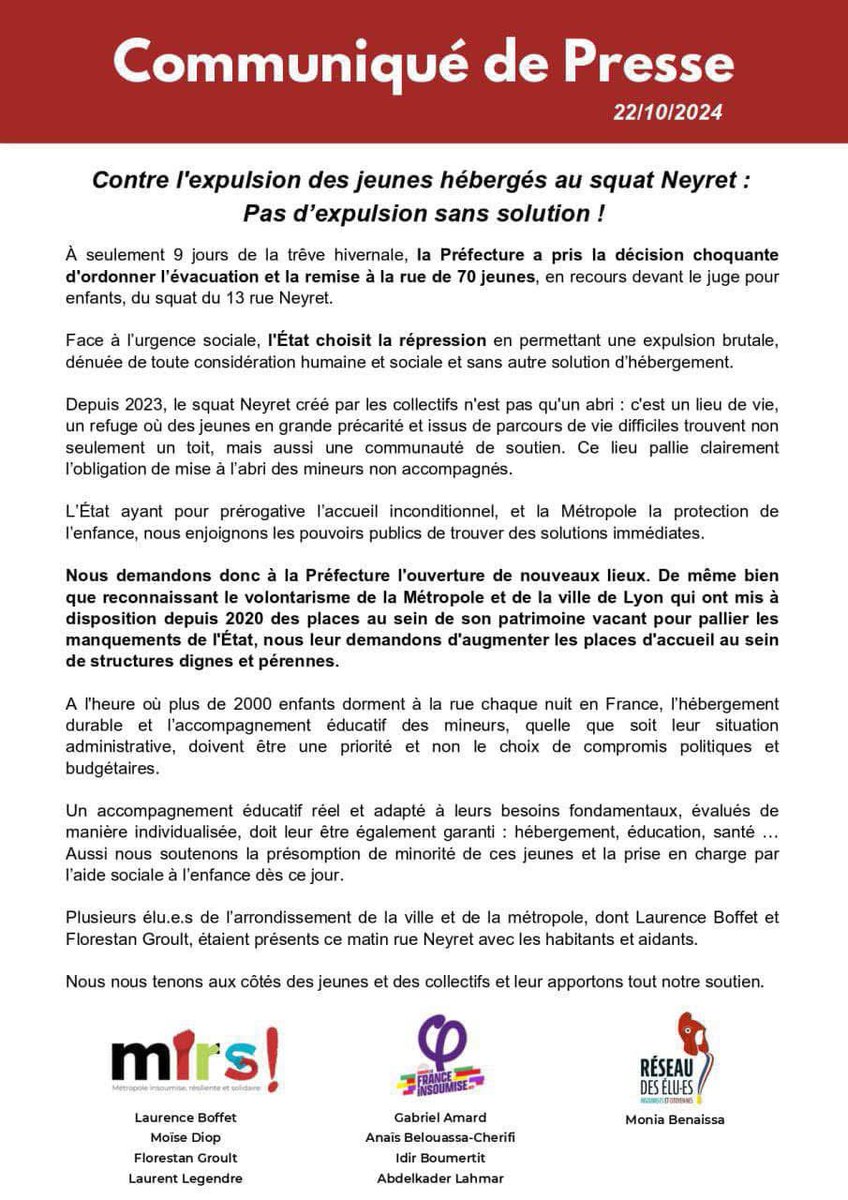 gabrielamard's tweet photo. Expulsion : Retrouvez le communiqué signé par les député·es du #Rhône, les élu·es métropolitains et le réseau des élu·es insoumis

La décision préfectorale d'expulser 70 jeunes à 9jrs de la trêve hivernale est inhumaine, alors que des milliers d’enfants dorment dehors chaque nuit https://t.co/kOdofS80zx