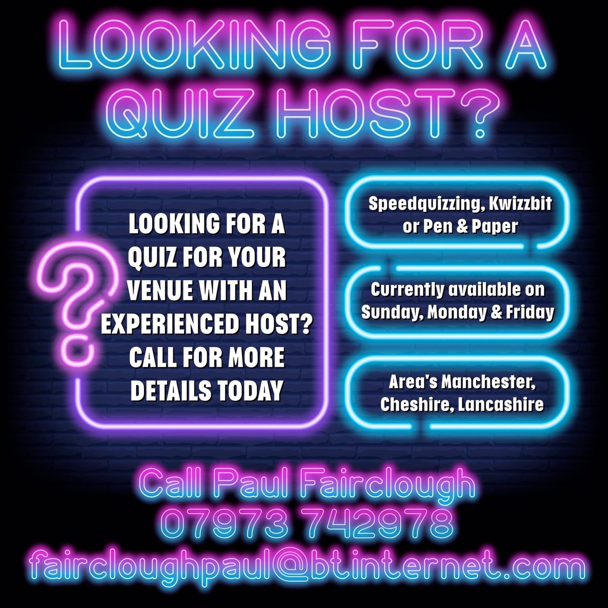 Are you a pub? Looking for a quiz and host?  In #manchester #cheshire #warrington #trafford #pubquiz #Quiznight give me a call as I’ve nights available.