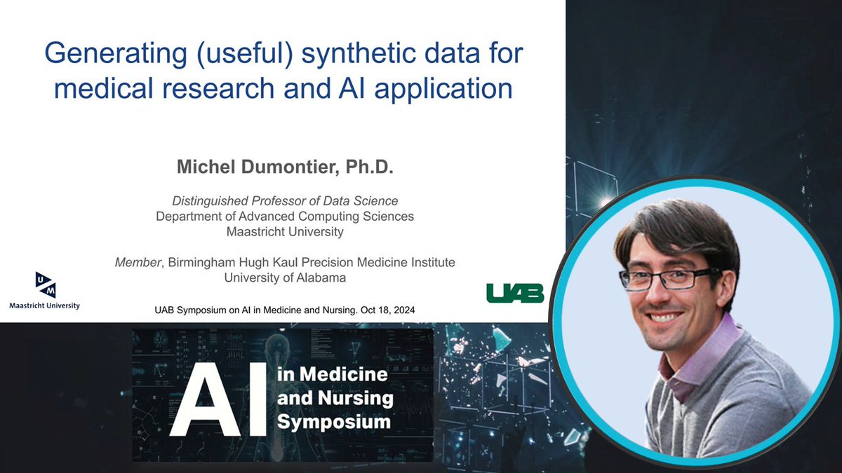 UMIDS (@um_ids) on Twitter photo Distinguished Professor <a href="/micheldumontier/">Michel Dumontier</a> spoke about "Generating (useful) synthetic data for medical research and AI application" at last week's "AI in Medicine and Nursing Symposium" at <a href="/UABHeersink/">UAB Heersink School of Medicine</a>
<a href="/UM_DACS/">UM Department of Advanced Computing Sciences</a> <a href="/uabmedicine/">UAB Medicine</a> <a href="/uabsoph/">UAB School of Public Health</a>
#umdatascience #datascience #AIinMedicine #AI Distinguished Professor <a href="/micheldumontier/">Michel Dumontier</a> spoke about "Generating (useful) synthetic data for medical research and AI application" at last week's "AI in Medicine and Nursing Symposium" at <a href="/UABHeersink/">UAB Heersink School of Medicine</a>
<a href="/UM_DACS/">UM Department of Advanced Computing Sciences</a> <a href="/uabmedicine/">UAB Medicine</a> <a href="/uabsoph/">UAB School of Public Health</a>
#umdatascience #datascience #AIinMedicine #AI