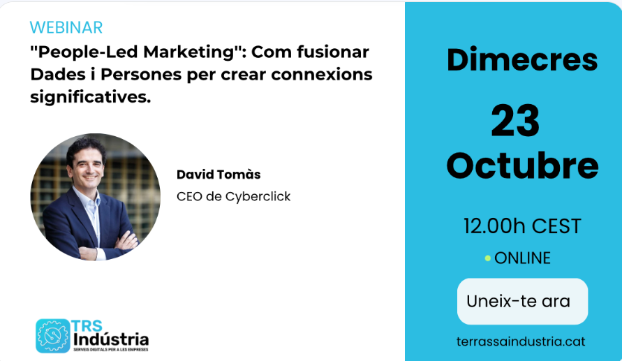 Trsempresa's tweet photo. 🚀 Encara estàs a temps, en breu comencem! 💻 Webinar "People-Led Marketing" per David Tomás de Cyberclick. Aprèn a fusionar dades i persones per connexions valuoses. 📅 23 oct. ⏰ 12:00h. 🔗 Inscriu-te ja! #MarketingDigital #Cyberclick #TerrassaIndústria
https://t.co/nCMnN5jp77 https://t.co/tUXwPThvA4