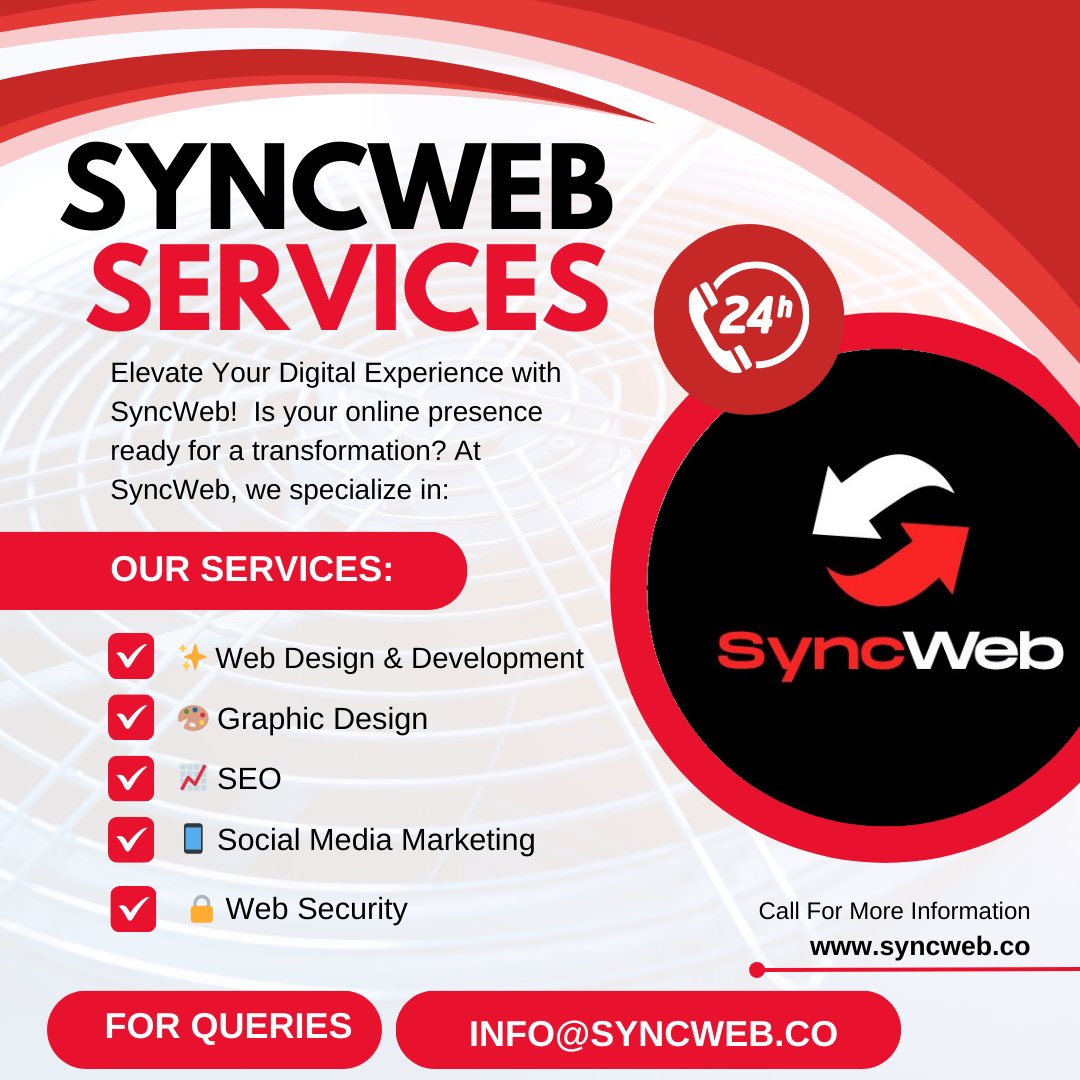 Syncwebco's tweet image. 🚀 Transform your digital landscape with SyncWeb! From stunning Web Design and eye-catching Graphic Design to powerful SEO and social media strategies, we’ve got you covered! Plus, our Web Security Let’s connect! #SyncWeb #WebDesign #GraphicDesign #SEO #SocialMedia #WebSecurity