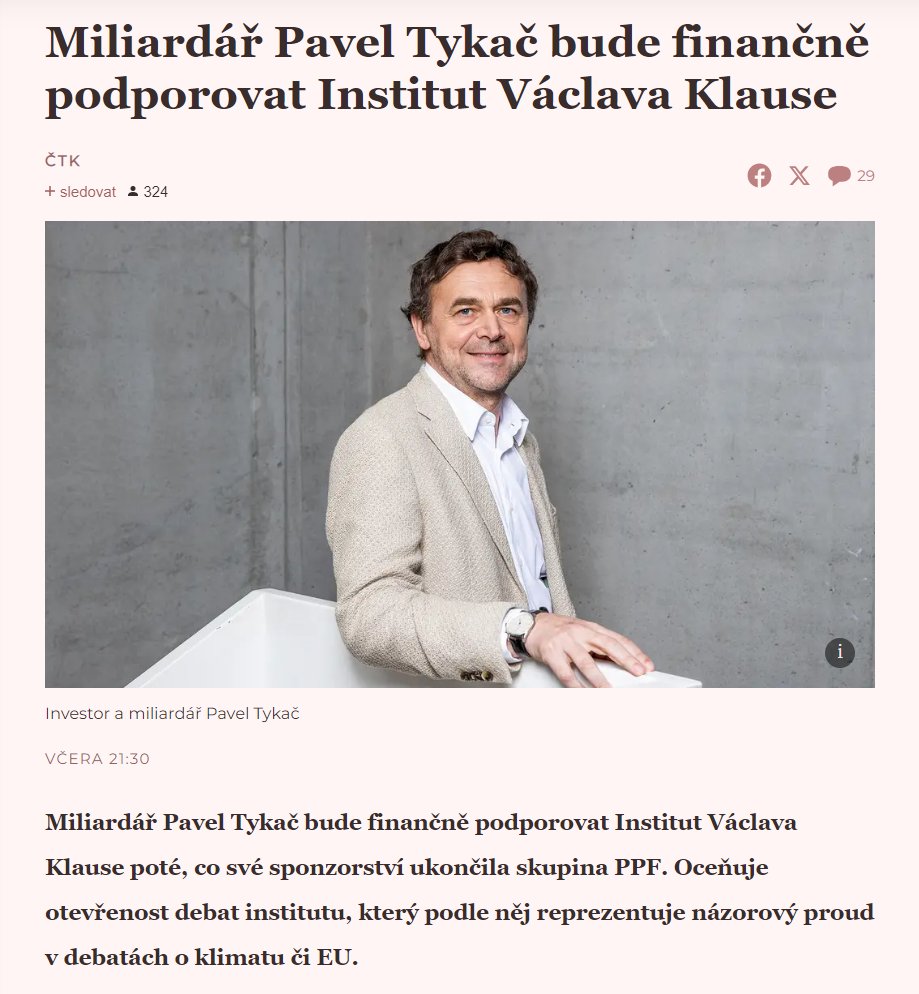 Miliardář Pavel Tykač bude podporovat Institut Václava Klause. Není se divit. Pro Tykačův byznys s uhlím je důležité, aby lidé neznali výsledky klimatického výzkumu. 
A Klaus patří k nejefektivnějším šiřitelům klamů a mýtů o klimatu.
Shrnutí nejpovedenějích Klausových špeků. 1/🔽