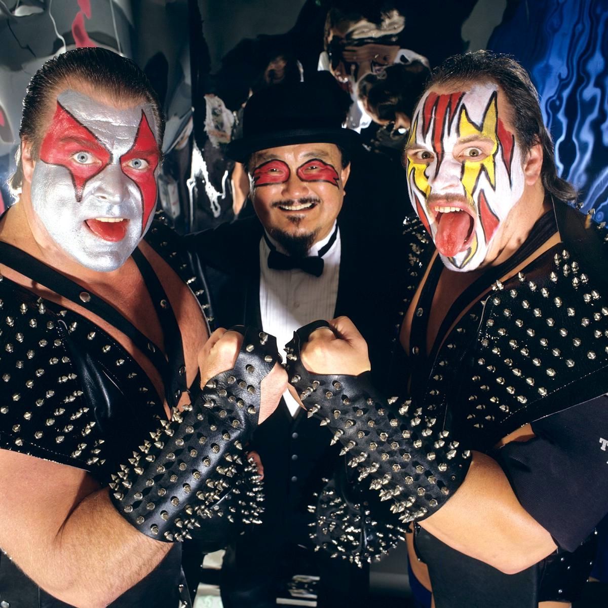 📷 WWF studio shot - Demolition with Mr. Fuji! 📸 Photo from 1988. #WWF #WWE #Ax #Smash #MrFuji #Demolition