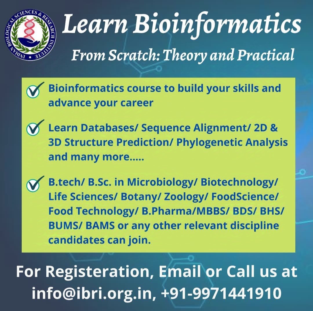 NoidaIbri's tweet photo. Looking to build a career in Bioinformatics?We offer a complete course covering sequence alignment, phylogenetic analysis &amp; more!

Register at: https://t.co/VGhofkGM73
For any query-Call: +91 9999509892
Email: info@ibri.org.in

#Bioinformatics #ibri #LifeScienceTraining #biotech https://t.co/M3kJ57uTTm