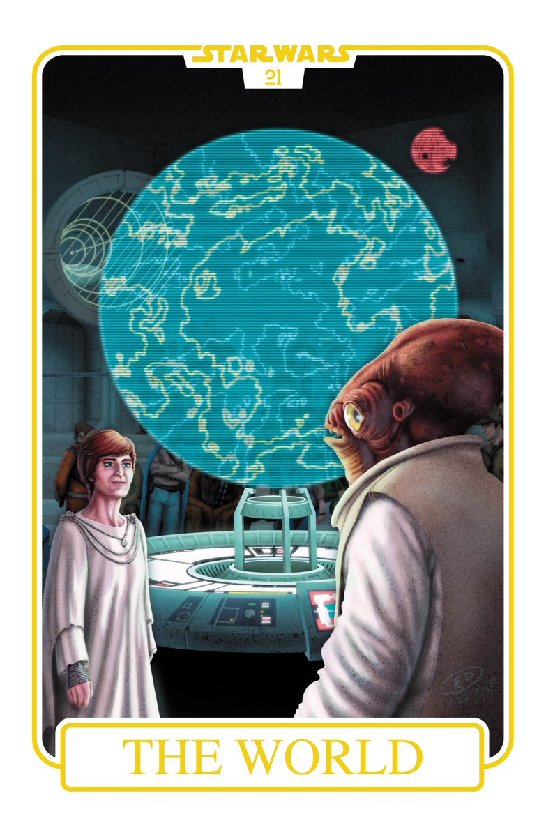 EdWatsonArt's tweet photo. Star Wars Tarot - The Sky River Deck:

Card 22: The World.
Characters: Mon Mothma, Admiral Ackbar.

**This is fan art. Star Wars ©Lucasfilm Ltd ©Disney.**

#TarotCards #StarWars #StarWarsTarotCards #Jedi #Sith #MonMothma #AdmiralAckbar #RebelScum #ItsATrap #Disney #LucasfilmLtd https://t.co/XcENd5XMLz
