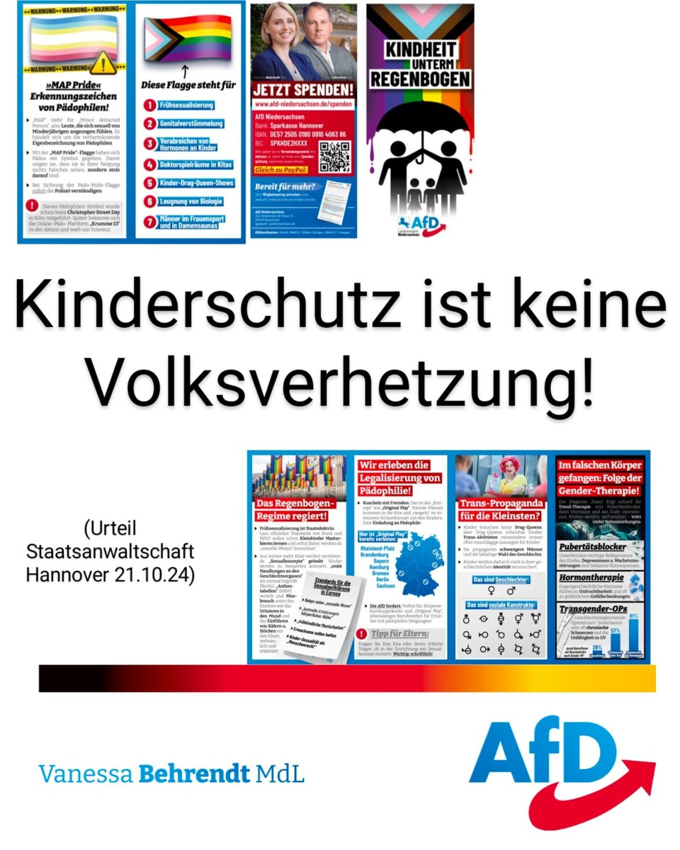 Ihr Linken müsst jetzt ganz stark sein. Kinderschutz ist KEINE Volksverhetzung. Egal, wie oft ihr euch lächerlich macht und dies zur Anzeige bringt. Nach eingehender rechtlicher Prüfung hat die Staatsanwaltschaft Hannover keine Anhaltspunkte für eine strafbare Handlung