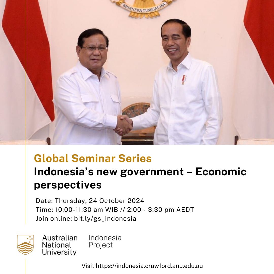 Join <a href="/acopatunru/">Arianto Patunru</a> with Rini Astuti, Nurina Merdikawati, Sarah Dong, Hal Hill, Ida Aju Resosudarmo, <a href="/BlaneDavidLewis/">Blane Lewis</a>, <a href="/ResoBudy/">Budy Resosudarmo</a> and Firman Witoelar as they discuss the new Indonesian Government.  Tomorrow 24th Oct, 2:00–3:30pm AEDT (10:00-11:30 WIB).  Join: bit.ly/gs_indonesia