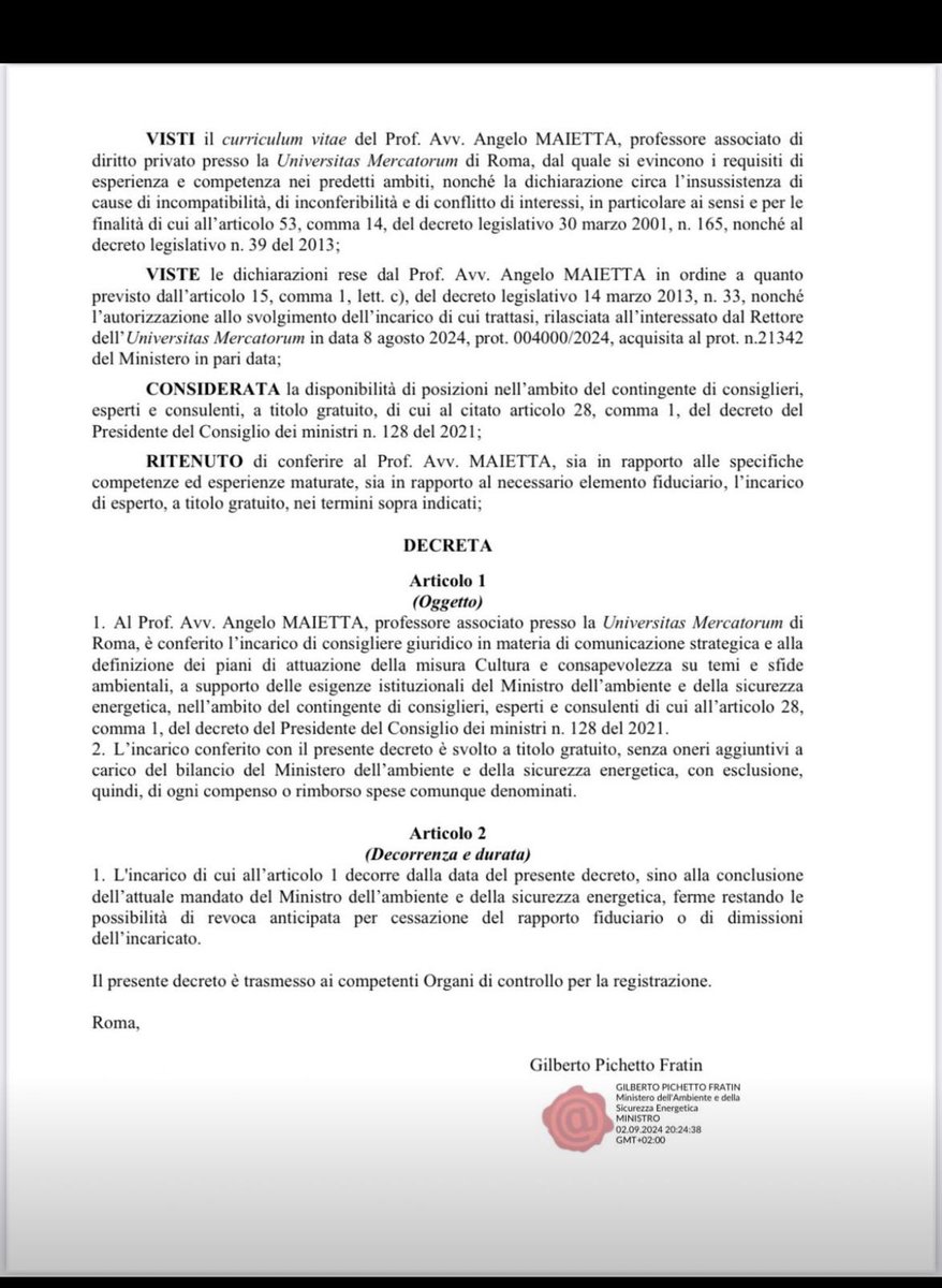 E’ un grande onore per me essere stato nominato consigliere giuridico in materia di comunicazione strategica del Ministro Gilberto Pichetto Fratin. Grato e onorato di far parte di una squadra di eccellenze. <a href="/MASE_IT/">Ministero Ambiente e Sicurezza Energetica</a> <a href="/robertaspada/">roberta spada</a> <a href="/GPichetto/">Gilberto Pichetto</a>