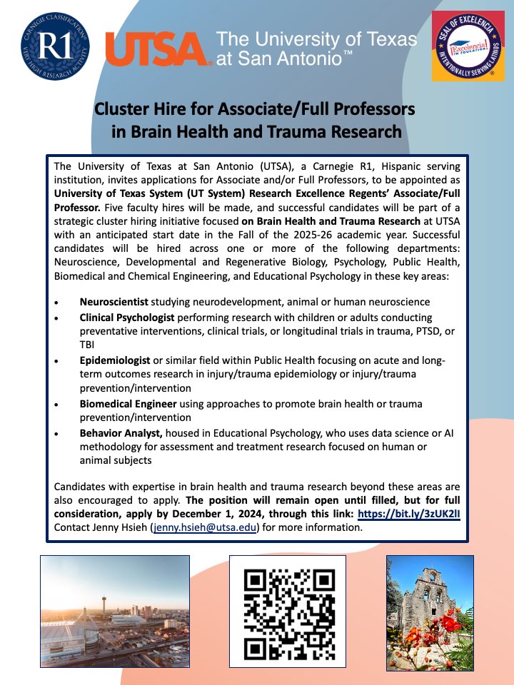UTSA is hiring mid-to-senior-level faculty to expand our brain health and trauma research initiative! 

Please share this opportunity with others or reach out if you would like to learn more!

Apply here: bit.ly/3zUK2lI