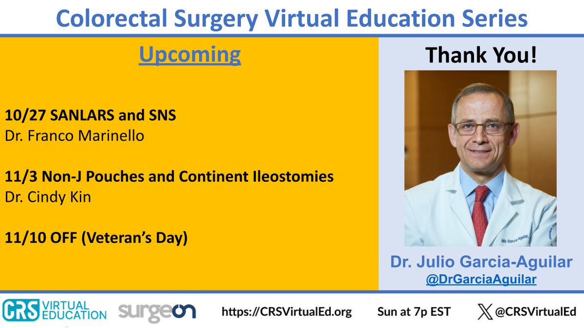 CRSVirtualEd (@crsvirtualed) on Twitter photo Thank you again to <a href="/DrGarciaAguilar/">Julio Garcia Aguilar</a> for the excellent overview of TNT for rectal cancer!
Did you miss it? Check out the 📹 here: youtu.be/KP2F48bYpq0
👀 coming soon:
❗️SANLARS & SNS
❗️Non-J Pouches + continent ileostomies
Sign up here for the link! crsve.surgeryunified.com Thank you again to <a href="/DrGarciaAguilar/">Julio Garcia Aguilar</a> for the excellent overview of TNT for rectal cancer!
Did you miss it? Check out the 📹 here: youtu.be/KP2F48bYpq0
👀 coming soon:
❗️SANLARS & SNS
❗️Non-J Pouches + continent ileostomies
Sign up here for the link! crsve.surgeryunified.com