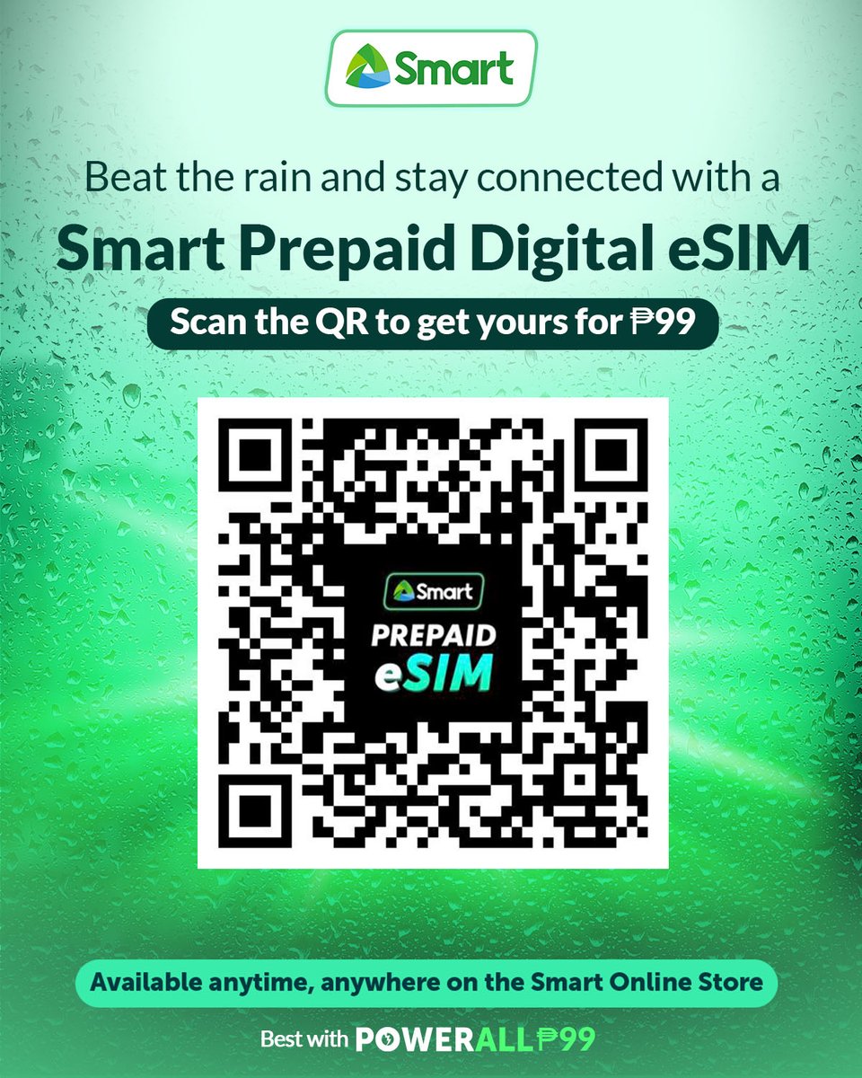LiveSmart's tweet image. Don&apos;t let the rain dampen your connectivity! Secure your connection this rainy season with the Smart Prepaid Digital eSIM. Scan the QR to get yours now!

Available anytime, anywhere on the Smart Online Store: smrt.ph/digiesimtw

#SmarteSIM
