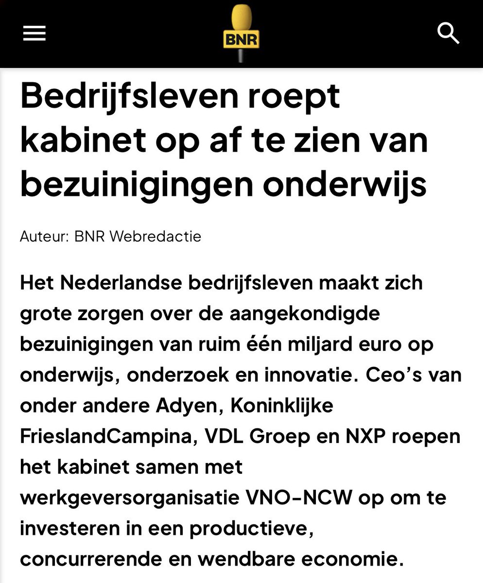 Ongekend dat het kabinet onderwijs, onderzoek en innovatie kapot bezuinigt. Niet voor niets spreken zoveel CEO’s zich uit.

De coalitiepartijen, met VVD voorop, kunnen niet zwijgzaam toekijken en dit signaal negeren. Ik wil een debat met de <a href="/MinPres/">Dick Schoof</a>. D66 heeft een alternatief.