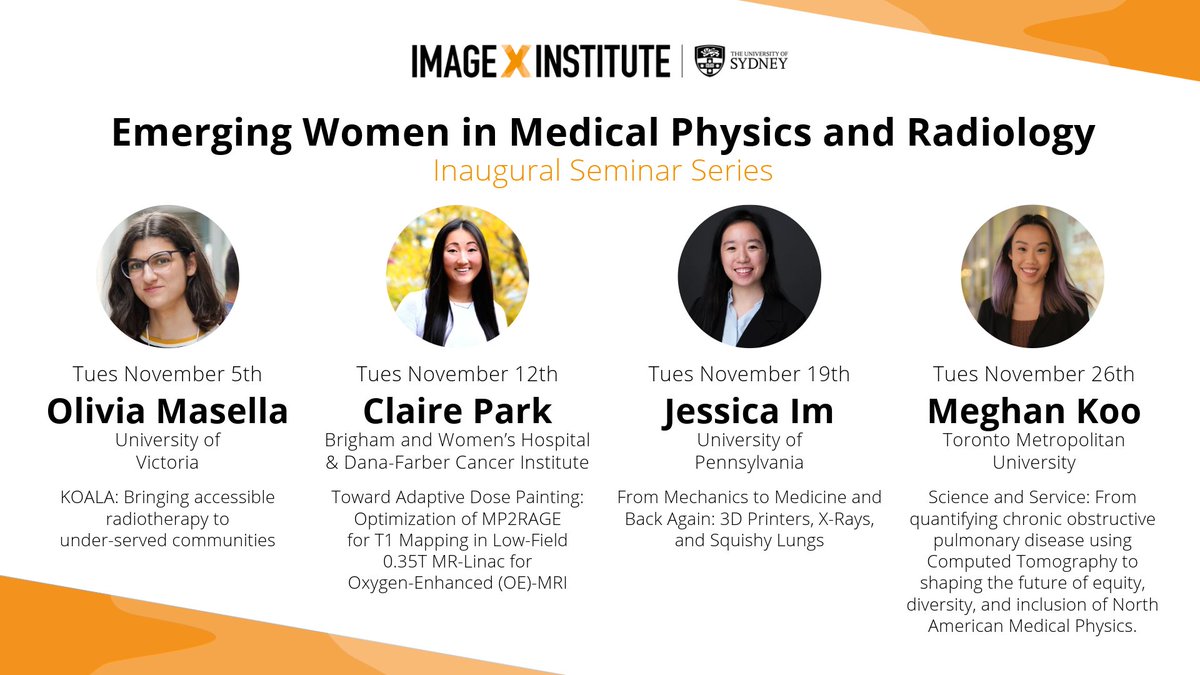 Image X Institute (@imagexinstitute) on Twitter photo This November is our inaugural Emerging Women in Medical Physics & Radiology Seminar Series. Join us to learn about amazing work being done in a range of fascinating areas, plus a post-talk Q&A! Curated by <a href="/DrTessReynolds/">Tess Reynolds, PhD</a>
Register for free here: t.ly/1TSUs This November is our inaugural Emerging Women in Medical Physics & Radiology Seminar Series. Join us to learn about amazing work being done in a range of fascinating areas, plus a post-talk Q&A! Curated by <a href="/DrTessReynolds/">Tess Reynolds, PhD</a>
Register for free here: t.ly/1TSUs