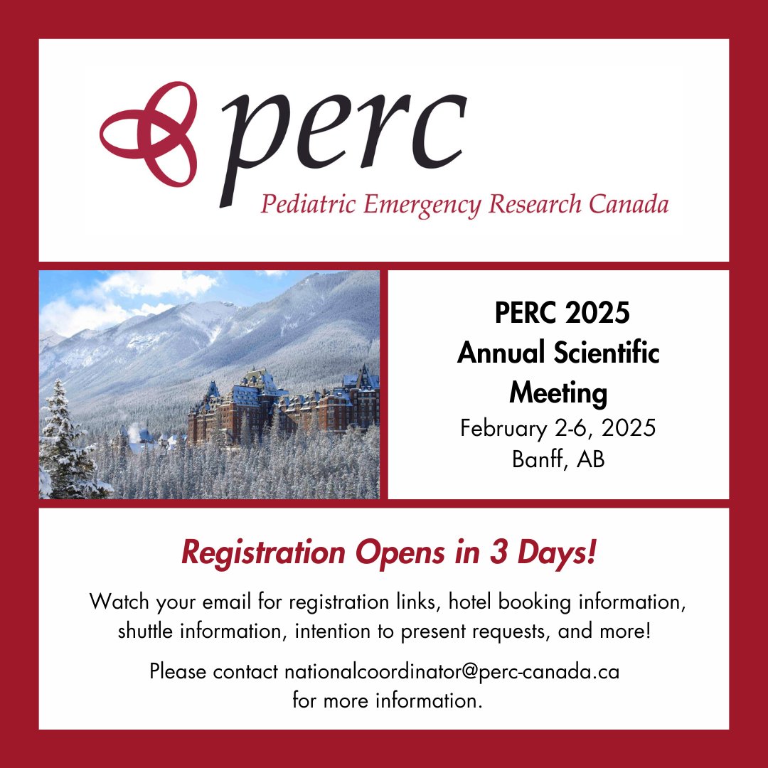 PERC - Pediatric Emergency Research Canada (@perc_network) on Twitter photo Our countdown to registration is on! Registration opens in 4 days!
We are celebrating 30 years of dedication to improving care in pediatric emergency medicine through multi-centre research - 30 years of PERC!
Email nationalcoordinator@perc-canada.ca to join our mailing list. Our countdown to registration is on! Registration opens in 4 days!
We are celebrating 30 years of dedication to improving care in pediatric emergency medicine through multi-centre research - 30 years of PERC!
Email nationalcoordinator@perc-canada.ca to join our mailing list.