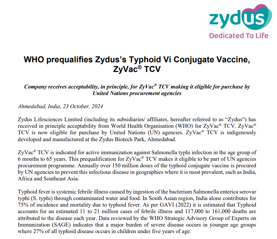 vluxeinvests's tweet image. 💉 Zydus Typhoid Vaccine Prequalified by WHO 💉

🔹ZyVac® TCV, Zydus Lifesciences’ #Typhoid Vi Conjugate Vaccine, receives WHO prequalification. 

🔹Eligible for #UN agency procurement to combat typhoid in vulnerable regions. 

🔹Developed &amp;amp; manufactured at Zydus Biotech Park,