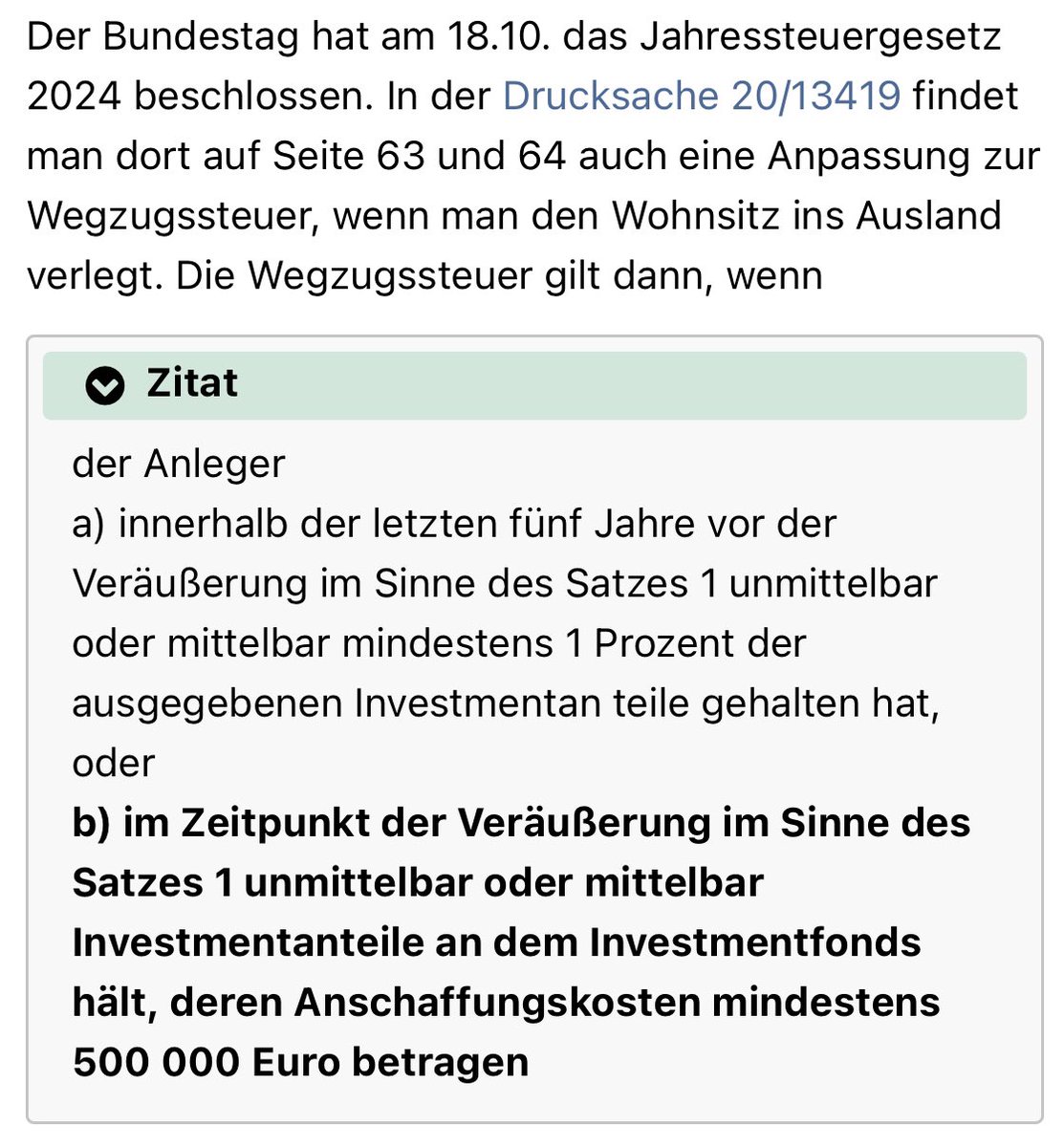 CWRoehl's tweet photo. Wegzugsbesteuerung: 500.000 Euro Investment in einen einzelnen #Fonds klingt nach einem Luxusproblem. Aber für manche eben doch relevant... und wenn solche Regelungen mal eingeführt sind, lässt sich der Betrag einfach nach unten anpassen.

Kann man zumindest als Denkanstoß nutzen, doch nicht alles Geld in 1 #ETF zu packen - auch wenn's praktisch ist. Keine Steuerberatung!

Quelle: https://t.co/AmzTVPaMj3 
h/t @drbahr