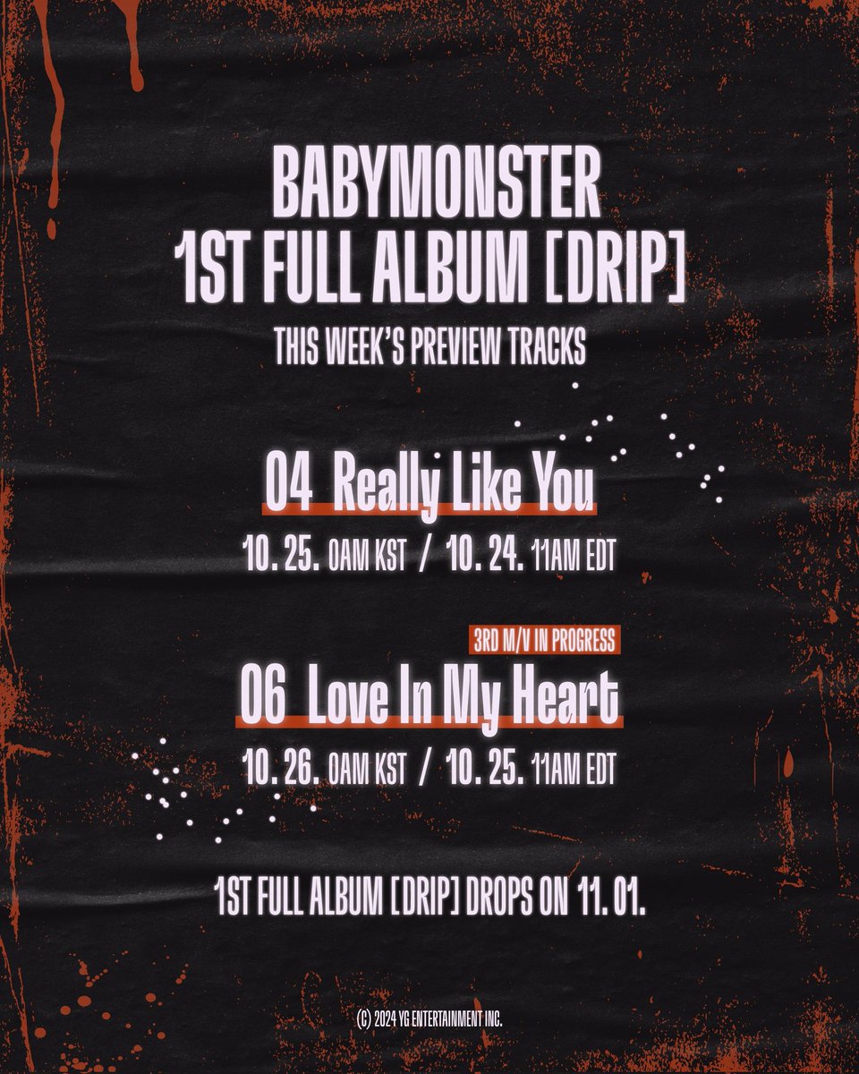 WGIRLS_TWT's tweet photo. [DRIP] THIS WEEK’S PREVIEW TRACKS

04 Really Like You
10.25. 0AM KST / 10.24. 11AM EDT

06 Love In My Heart
10.26. 0AM KST / 10.25. 11AM EDT

#WONDERGIRLS #원더걸스 #2stFULLALBUM #DRIP #PreviewTracks #ReallyLikeYou #LoveInMyHeart #YG https://t.co/x2AwDti3sz
