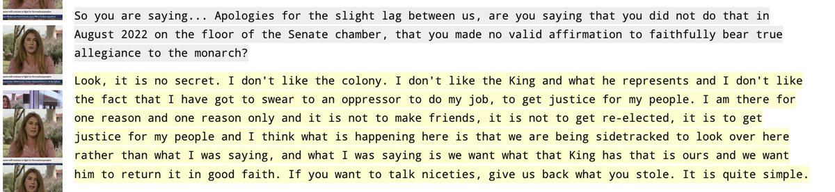 JoshButler's tweet photo. Lidia Thorpe argues she pledged allegiance to the late Queen's "hairs", not "heirs", in her oath of office in 2022

looking forward to the legal scholars weighing in on this one
(via ABC Arvo Briefing) https://t.co/UjNbOO1C1m
