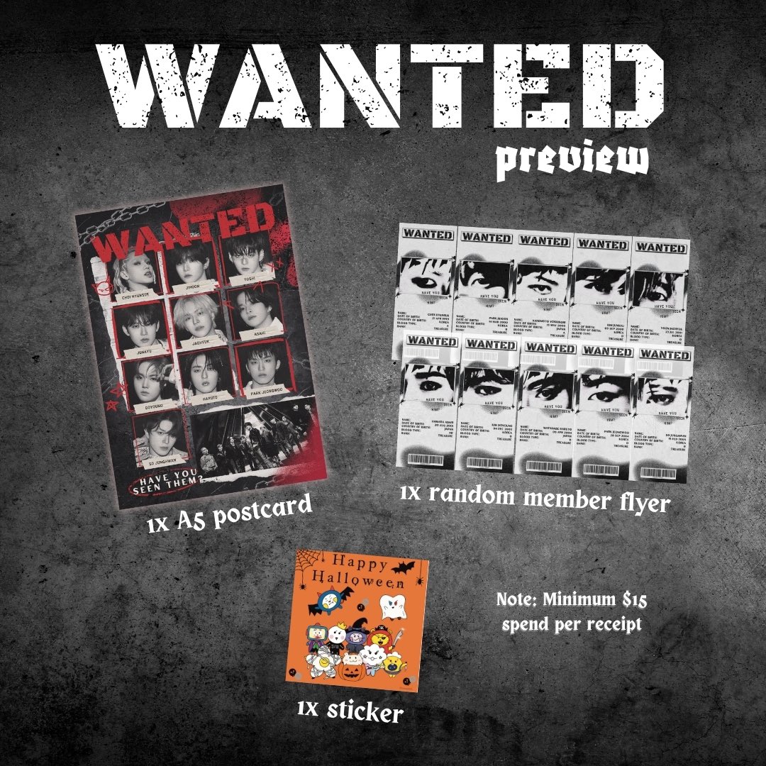 BOO! 👻

We prepared additional freebies for those who are coming! 

Simply spend minimum $15 per receipt to redeem an additional set of TREASURE [WANTED] Fanpack! 

See ya at The Tree Cafe @ Marina Square this Sunday!! 🎃

Telegram: t.me/spooky_treasure