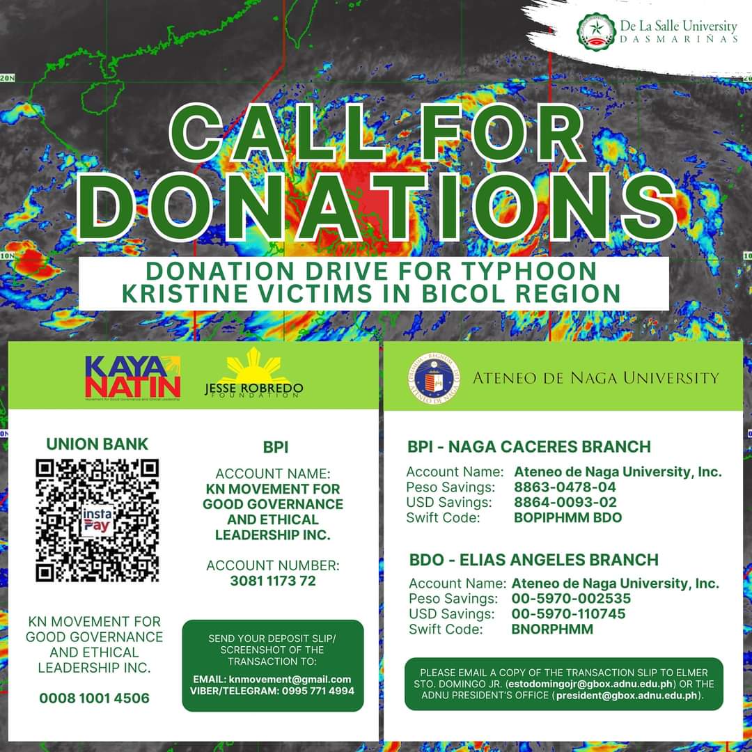 DLSUD's tweet image. 𝐂𝐀𝐋𝐋 𝐅𝐎𝐑 𝐃𝐎𝐍𝐀𝐓𝐈𝐎𝐍𝐒

Donation drive for Typhoon Kristine victims in Bicol Region.

For inquiries, please contact the LCDC at local 3068 or at lcdc@dlsud.edu.ph or the OVPGEER at local 3022.

#CreatingPossibilities