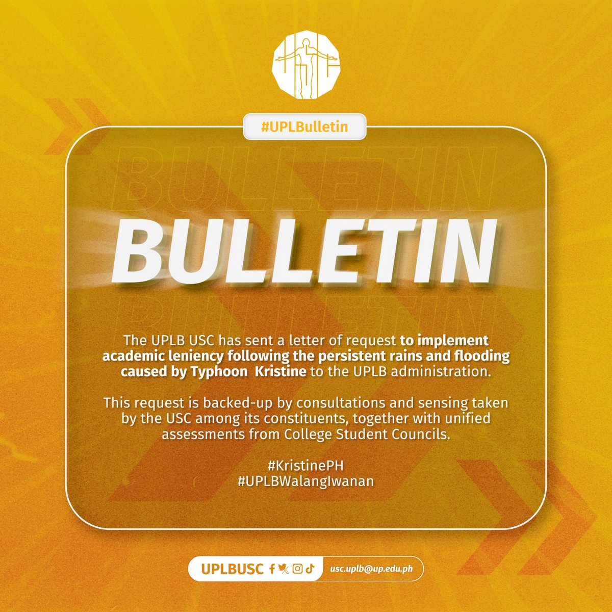 UPLBUSC's tweet photo. 🟡 𝗕𝗨𝗟𝗟𝗘𝗧𝗜𝗡

Re: On Academic Leniency due to #KristinePH

The UPLB USC has sent a letter of request 𝘁𝗼 𝗶𝗺𝗽𝗹𝗲𝗺𝗲𝗻𝘁 𝗮𝗰𝗮𝗱𝗲𝗺𝗶𝗰 𝗹𝗲𝗻𝗶𝗲𝗻𝗰𝘆 𝗳𝗼𝗹𝗹𝗼𝘄𝗶𝗻𝗴 𝗿𝗮𝗶𝗻𝘀 𝗮𝗻𝗱 𝗳𝗹𝗼𝗼𝗱𝗶𝗻𝗴 𝗯𝘆 𝘁𝗵𝗲 𝗧𝘆𝗽𝗵𝗼𝗼𝗻 to UPLB administration.

[1/2] https://t.co/mQPFyYcat0