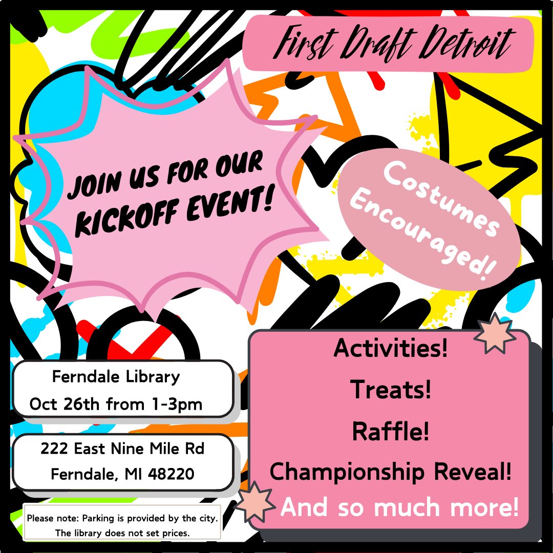 firstdraftdet's tweet image. Our kickoff event for the November creating season is this Saturday! Come join us, and wear a costume if you like! We sure will! 👻🧙🏻🎃🧛🏻