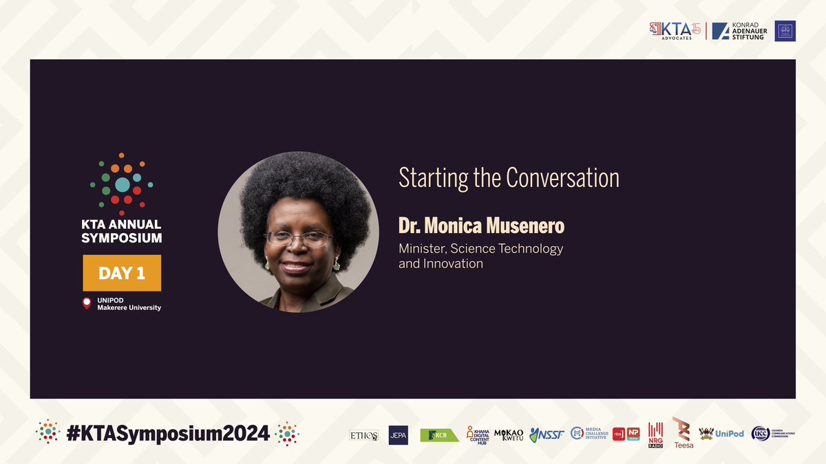 This year’s symposium is all about Localizing Intellectual Property for Uganda’s Digital Economy &amp; Using Technology As a Tool for Preservation of Cultural Heritage. 

Starting the conversation will be the distinguished <a href="/DrMusenero/">Dr. Monica Musenero Masanza</a> from <a href="/mist_science/">Ministry of Science, Technology and Innovation</a> !

#KTASymposium2024